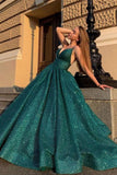 Shiny V Neck Green Prom Dresses Ball Gown Formal Dresses PSK290