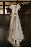 Short Sleeve Lace and Tulle Silver Wedding Dresses with Sash WD386 - Pgmdress