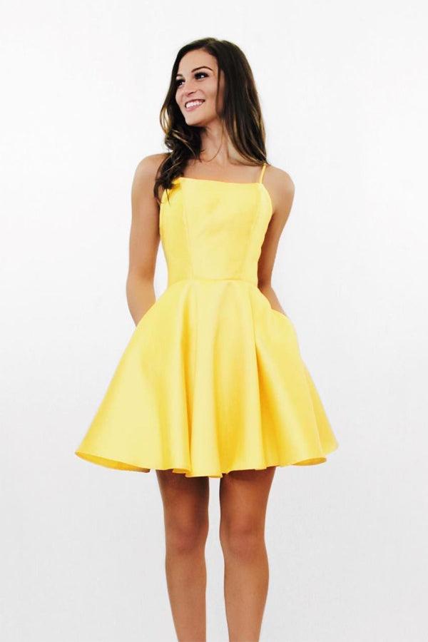 Simple A Line Cross Back Yellow Short Homecoming Dresses with Pockets PD280 - Pgmdress