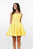 Simple A Line Cross Back Yellow Short Homecoming Dresses with Pockets  PD280