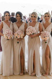 Simple Chiffon V-neck Sweep Train Pleated Bridesmaid Dresses With Slit  BD086
