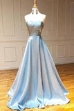 Simple Light Blue Satin Strapless Long A Line Prom Dress  PSK099