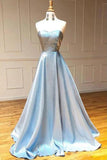 Robe de bal simple en satin bleu clair sans bretelles longue ligne A PSK099