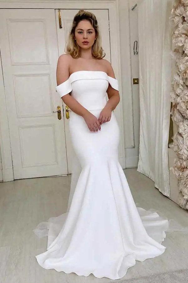Simple Mermaid Off The Shoulder Ivory Satin Wedding Dress WD605 - Pgmdress