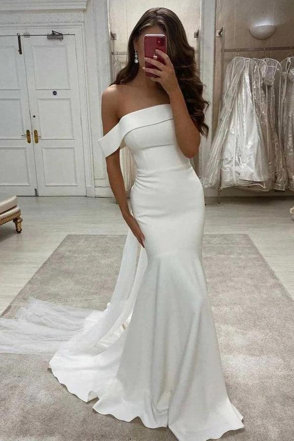 Simple Mermaid Off The Shoulder Ivory Satin Wedding Dress WD605 - Pgmdress