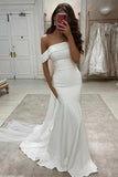 Simple Mermaid Off The Shoulder Ivory Satin Wedding Dress WD605 - Pgmdress