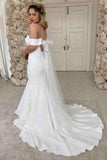 Simple Mermaid Off The Shoulder Ivory Satin Wedding Dress WD605 - Pgmdress