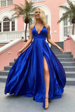 Simple Royal Blue Spaghetti Straps  V-Neck Split Prom Dresses  PSK265