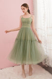 Simple Sage Green Tulle Round Neck Homecoming Graduation Dresses PD434 - Pgmdress