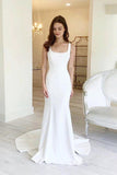 Simple Sheath Square Neck Long Backless Wedding Dress WD599 - Pgmdress