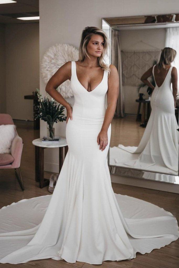 Simple V Neck Mermaid Beach Wedding Dress With Long Train WD575 - Pgmdress