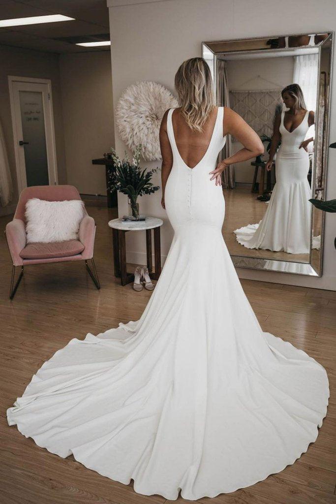 Simple V Neck Mermaid Beach Wedding Dress With Long Train WD575 - Pgmdress