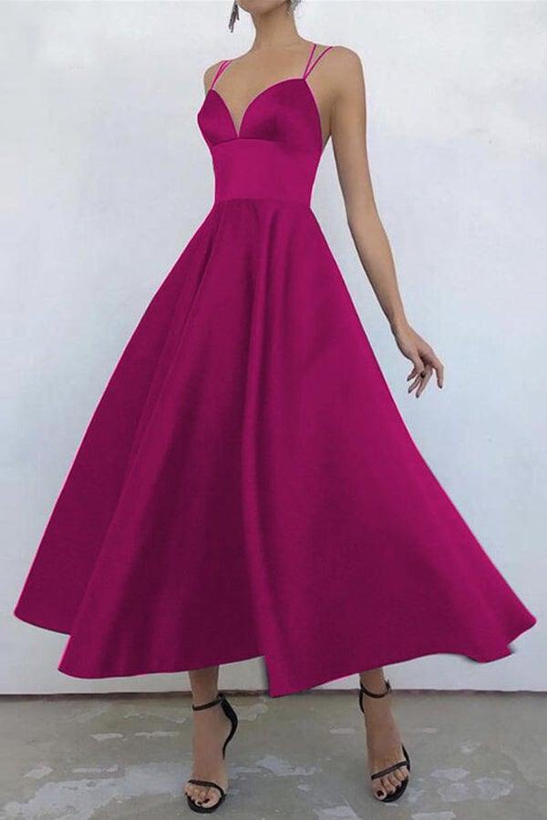 Simple V Neck Satin Burgundy Tea Length Prom/Evening Dresses PSK231 - Pgmdress