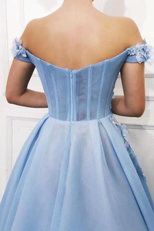 Sky Blue Off the Shoulder Flower Appliques Long Prom Dress PG845