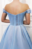 Sky Blue Off the Shoulder Flower Appliques Long Beautiful Prom Dress PG845 - Pgmdress