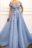 Sky Blue Off the Shoulder Flower Appliques Long Beautiful Prom Dress  PG845