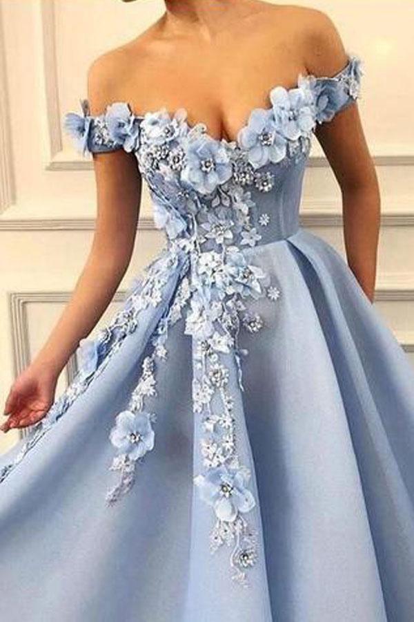 Sky Blue Off the Shoulder Flower Appliques Long Beautiful Prom