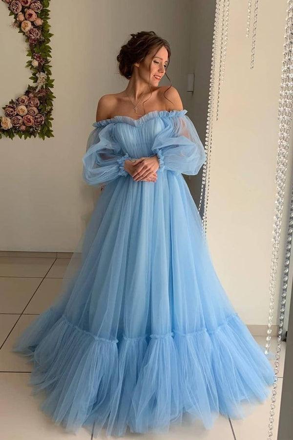 Princess Light Sky Blue Off The Shoulder Sweetheart Tulle Prom Dresses –  rjerdress