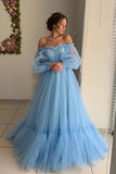 Sky Blue Tulle Off the Shoulder Long Prom Dress Elegant Evening Dresses PG971 - Pgmdress