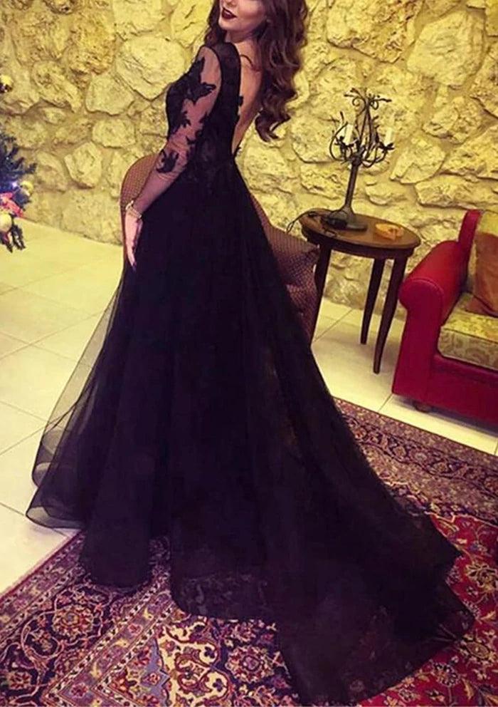 Slit Glamorous Lace Black Long-Sleeve Evening Dress Prom Dress PG431 - Pgmdress