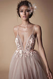 Spaghetti Strap Deep V Neck Beach Wedding Dresses With Applique WD321 - Pgmdress