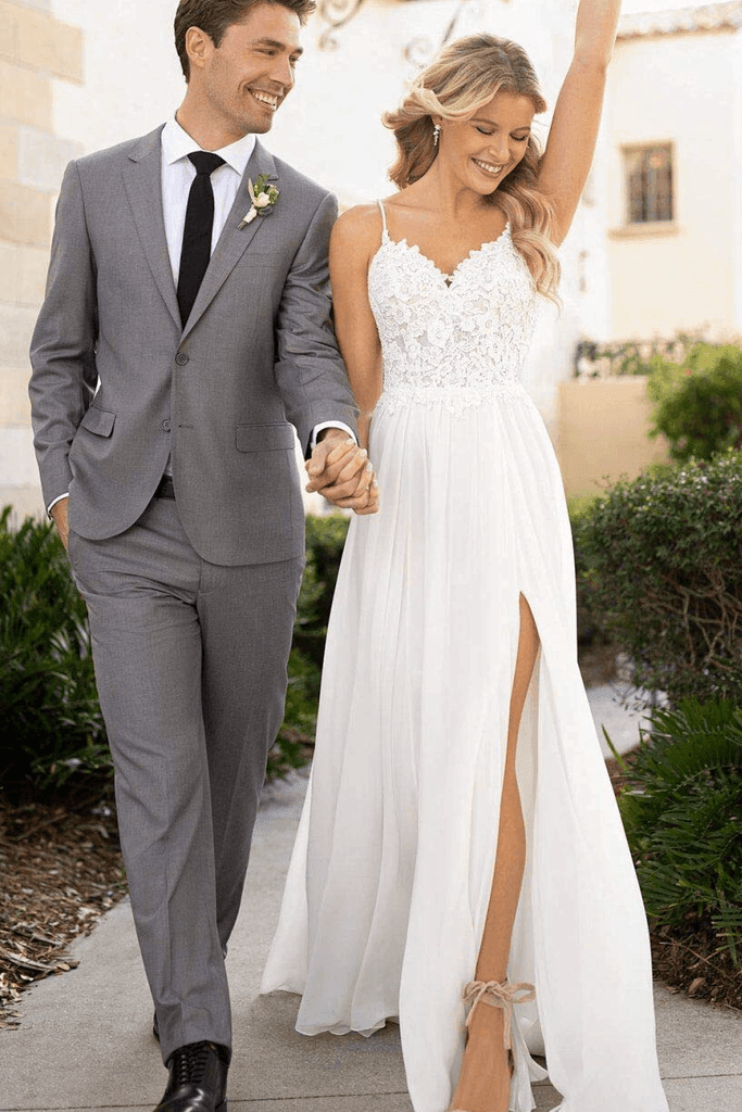Spaghetti Straps Lace Split Chiffon Long Beach Wedding Dresses WD576 - Pgmdress