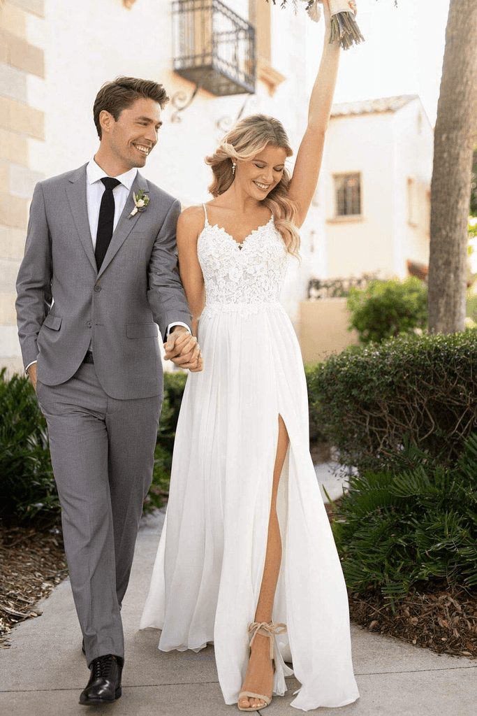Spaghetti Straps Lace Split Chiffon Long Beach Wedding Dresses WD576 - Pgmdress
