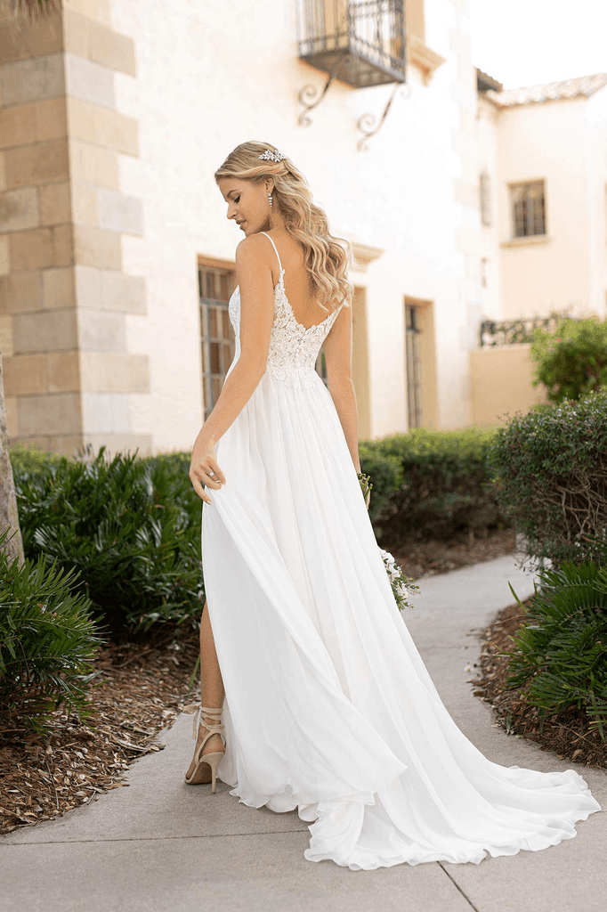Spaghetti Straps Lace Split Chiffon Long Beach Wedding Dresses WD576 - Pgmdress
