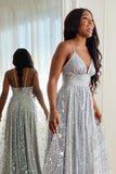 Spaghetti Straps Long Silver Tulle Prom Evening Dress With Split PSK369 - Pgmdress