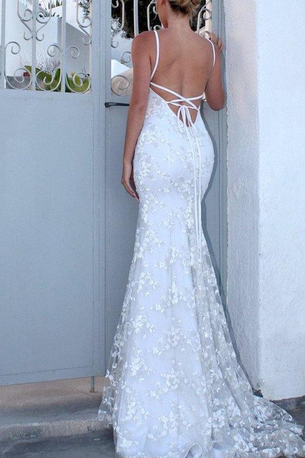 Straps Mermaid Prom Dress V Neck Formal Party Dress with Appliques PSK089 - Pgmdress