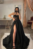 Spaghetti Straps Thigh Split Lace Appliques Black Prom Dresses PSK359