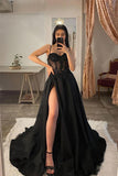 Spaghetti Straps Thigh Split Lace Appliques Black Prom Dresses PSK359 - Pgmdress