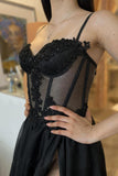 Spaghetti Straps Thigh Split Lace Appliques Black Prom Dresses PSK359 - Pgmdress