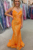 Sparkle Orange Sequin Mermaid Long Prom Formal Dress PSK283