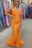 Sparkle Orange Sequin Mermaid Long Prom Formal Dress PSK283 - Pgmdress