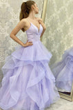 Sparkly A line Lilac Tulle V Neck Long Prom Evening Dress With Sleeveless PSK253 - Pgmdress