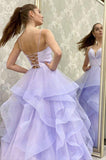 Sparkly A line Lilac Tulle V Neck Long Prom Evening Dress With Sleeveless PSK253 - Pgmdress