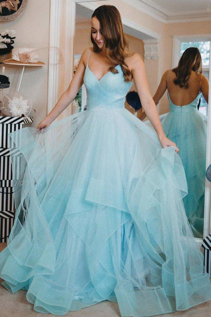Sparkly Blue Straps Ruffles Long Prom/Evening Dress with Open Back PG891 - Pgmdress