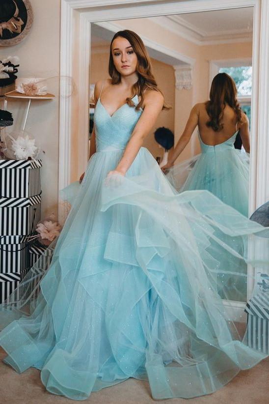 Sparkly Blue Straps Ruffles Long Prom/Evening Dress with Open Back PG891 - Pgmdress