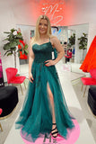 Sparkly Lace Hunter Green Prom Dresses Long Appliqued Formal With Split PSK297