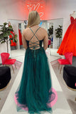 Sparkly Lace Hunter Green Prom Dresses Long Appliqued Formal With Split PSK297 - Pgmdress