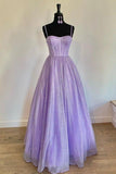 Sparkly A Line Sweetheart Straps Tulle Lilac Long Prom Dress  PSK264-Pgmdress