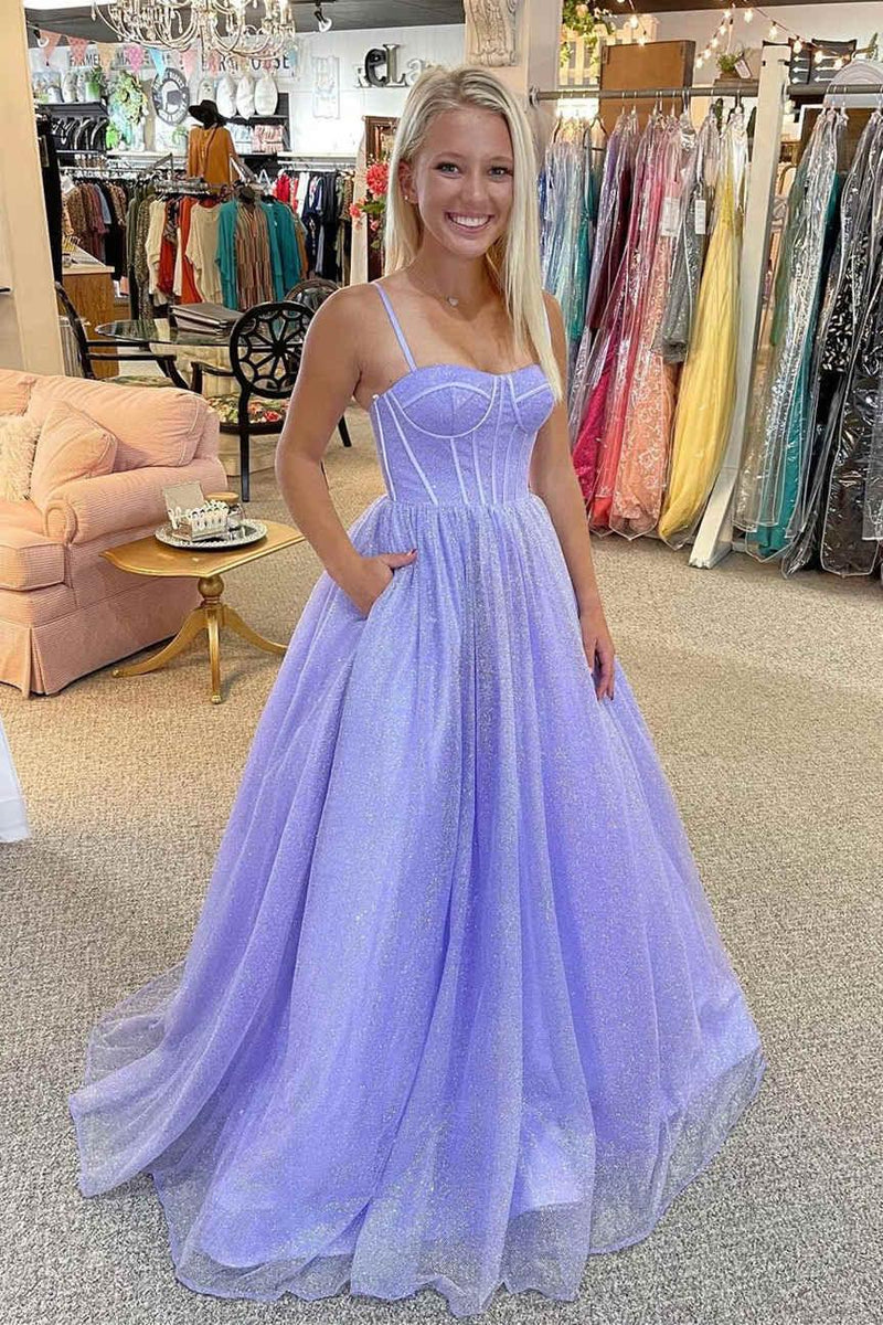 Sparkly A Line Sweetheart Straps Tulle Lilac Long Prom Dress  PSK264-Pgmdress