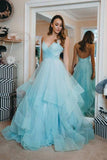 Sparkly Blue Straps Ruffles Long Prom/Evening Dress with Open Back  PG891