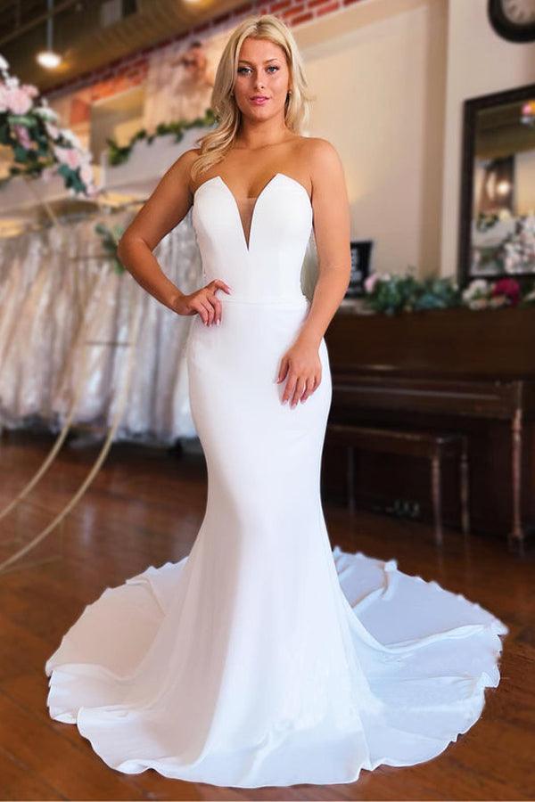 Strapless Chapel Train Mermaid Long Satin Wedding Dresses WD603 - Pgmdress