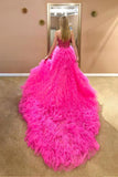 Strapless Hot Pink Tulle High Low Ball Gown Simple Prom Dress PSK296 - Pgmdress