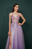Straps A-Line Beading Rose Split Tulle Prom Dress with Crystal PSK006 - Pgmdress