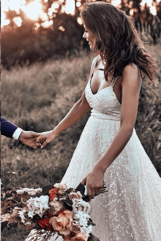 Straps Long Train A-line Lace Simple Rustic Backless Wedding Dress WD555 - Pgmdress