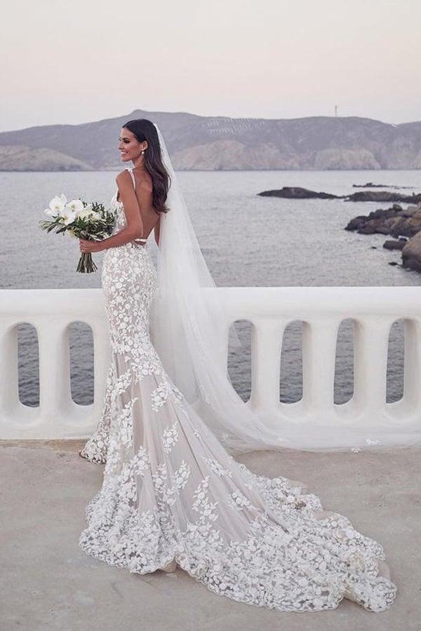 Straps Mermaid Wedding Dresses Lace Appliqued Gowns Wedding Dresses WD574 - Pgmdress