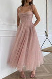 Bretelles longueur de thé robes de bal roses robes de soirée en tulle PD453